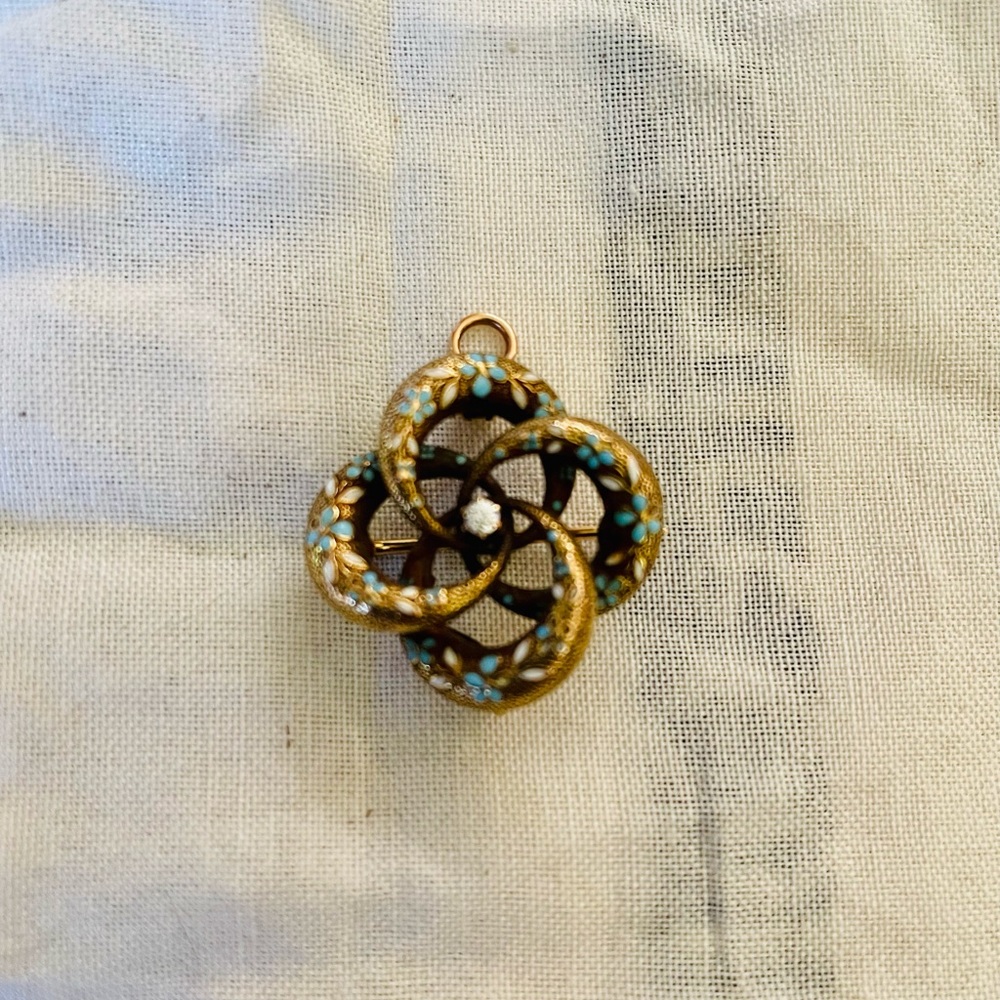 Antique Victorian 14k, Diamond, White & Blue Floral Enamel Etched Knot Pendant